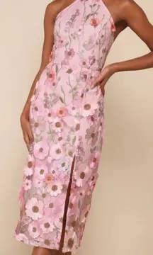 Unique Impression Pink 3D Floral Embroidered Halter Midi Dress