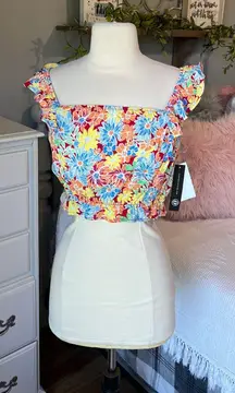 Cropped Top Colorful Floral Flutter Sleeve Small