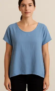 Flax Airy Back Button Linen Short Sleeve Tunic Top Blue Size Small