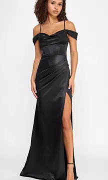 Cowl-Neck High-Slit Boned-Bodice Gown