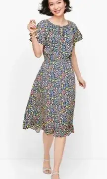 Talbots Floral Flutter Sleeve‎ Tie Neck Ruffled Hem Multi Fit Flare Dress