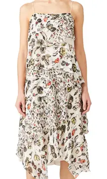 Jason Wu‎ Dress Womens 4 Grey Painterly Cream Floral Printed Midi Tiered Silk
