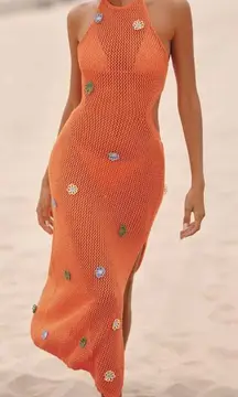 Anthropologie Celandine Crochet Halter Cover-Up Dress Orange Size XL Sheer Beach