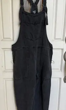 Aerie Linen Blend Overalls Rolled Cuff Midi Straps Gray Black Size XS