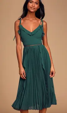 Emerald Green Tie-Strap Pleated Midi Dress