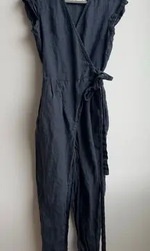 Not Perfect Linen 100% Linen Wrap Short Sleeve Jogger Jumpsuit Size Small Gray