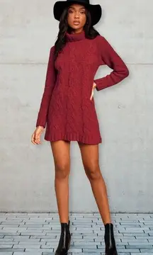 Lulus Lulu’s Joyous Cable Knit Turtleneck Mini Sweater Dress Maroon Red Medium