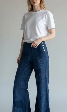 Boho Patchwork Wide Leg Bell Bottom Jeans Flared Vintage Indigo Blue size 24