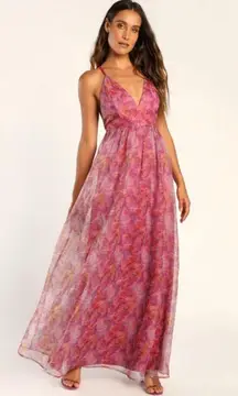 💕LULUS💕 Bloom Wildly Magenta Floral Organza Maxi Dress ~ Floral Print M NWT