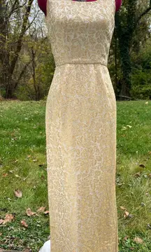 column dress formal gold damask 1960s