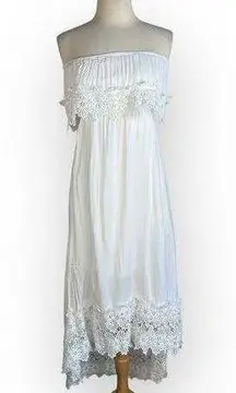 Solitaire Swim  Boho Dress Cover-Up - White Strapless Hi-Lo Hem with Lace Ruffle