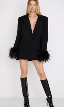 House Of CB Esme Feather‎ Trimmed Oversized Blazer Jacket Dress Black NWT Small