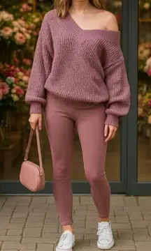 Women's Zenana Two Piece V-Neck Sweater & Legging Set - Dusty Rose Pink Medium