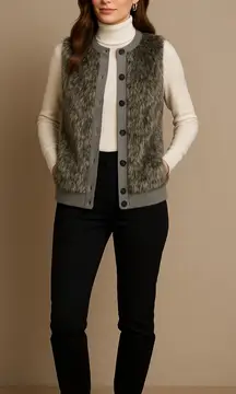 Three Dots Gray Faux‎ Fur Vest Size S | Button Front Sweatshirt Trim Layering