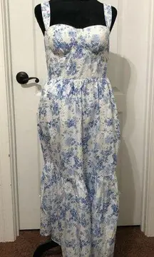 Commense Women's Maxi Dress Size Medium Blue White Floral Adjustable Strap NWT