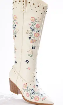 Floral embroidered cowboy boots knee high heel western studded country rodeo