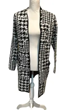 Nine West Women's XS Houndstooth Open Front Long Cardigan Black White