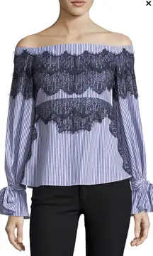 Tanya‎ Taylor Pinstriped Off The Shoulder Lace Isadora Poplin Top