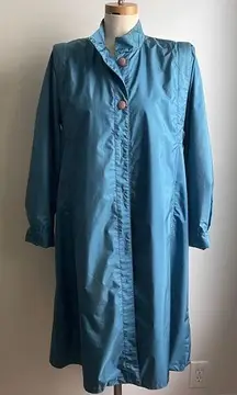 Vintage 80s Teal Blue Fleet Street Trench Coat Long Raincoat Size 10 Button Down