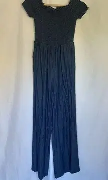 Blue Rain ruched jumpsuit women's size XS cotton denim material off the shoulder