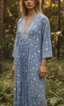 Ro’s Garden Blue Floral Kimono Cotton Maxi Dress M/L