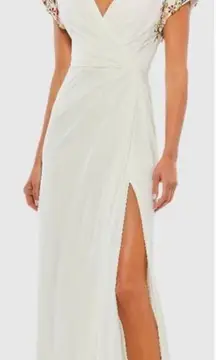 Mac Duggal 55709 Womens White Embellished Sleeve Jersey Wrap Gown