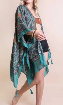 Boho Kimono‎ Cardigan Womens One Size Green Hippie Paisley Floral Cover Up Swim