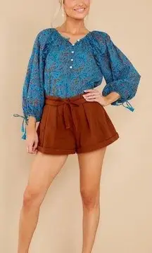 Cleobella  Jayda Blue Turquoise Floral Tassel Balloon Sleeve Blouse Size …