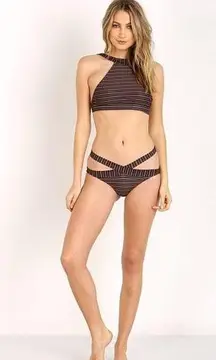 Acacia DUBAI Bikini Set High Neck Low Cut Triangle Strappy Black Brown Striped