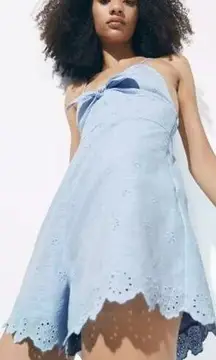 NWT Zara Eyelet Sleeveless V-Neck Playsuit with Bow Detail Pale Blue Women's M