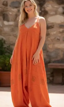 L’ Antonio Orange Aztec Art To Wear Baggy Oversized Harem Jumpsuit Size Medium