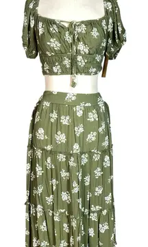🆕 Boho Green Floral Crop Top Skirt Set
