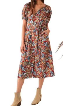 Faherty Carmel Linen Button Down Short Sleeve Midi Dress Red Desert Bloom Medium