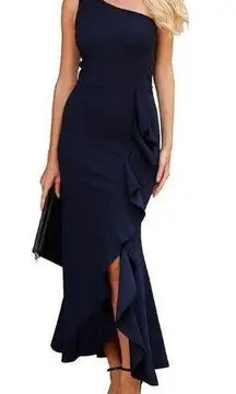 NEW 1 Shoulder Maxi Cocktail Mermaid Ruffle Split Formal Dress S