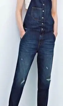 Zara Denim Overalls S Distressed Dark Wash Halter Indie Artist Alternative Blue
