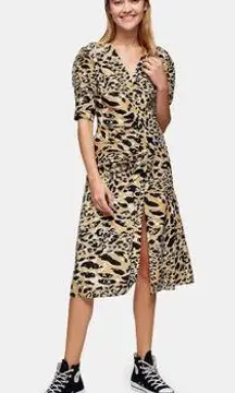 Leopard Print Mock Wrap Midi Dress NWT