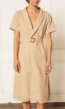 Boyish The Ezra Belted Midi Wrap Dress Short Sleeve Cotton Tan Size XS