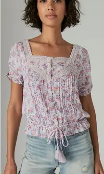 LUCKY BRAND 7W46342 Lilac Multi Floral Short Sleeve Peasant Top $69.50 EUC M