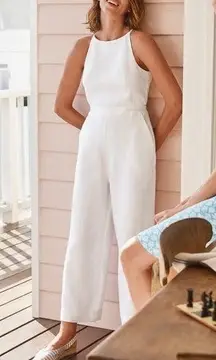 Boden Jumpsuit Women 10 White Linen Halterneck Sleeveless Wide Leg‎ NWT Preppy