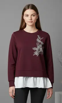 Calligraphie Rhinestones Embellished Cotton Sweatshirt with Ruffle Hem XL