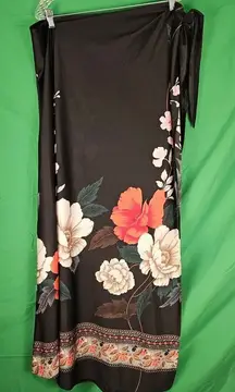 Vintage Malihini Hawaii Black Floral Hawaiian Sarong Wrap Maxi Skirt 1 Large XL‎