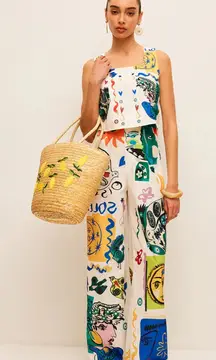 Commense Graphic Print Crop Top Wide-Leg Pant Set