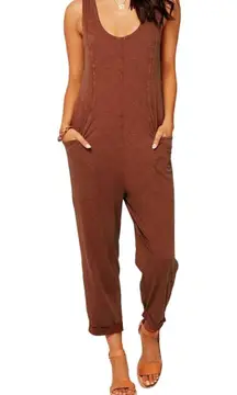 L Space Tropicalia Romper Tank Hand Pockets Tie Back 100% Cotton Brown Small