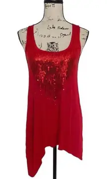 One World Women’s Red Sequin Embellished Tank Top Size S – Asymmetrical Hem Slee