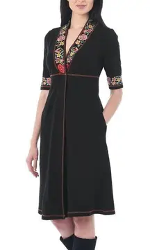 Eshakti Floral Embroidered Trim Cotton Knit Dress