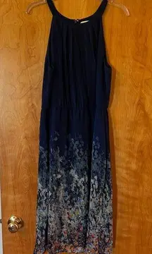 Navy Blue Floral Sleeveless Midi Dress Size Large