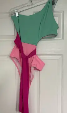 Pink Lily‎ Green And Pink One Shoulder One Piece Swimsuit Size Medium