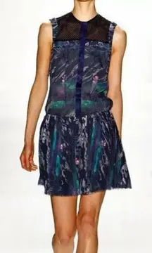 Timo Weiland Dress Blue Pleated Lilypad Print Drop Waist Mini Dress