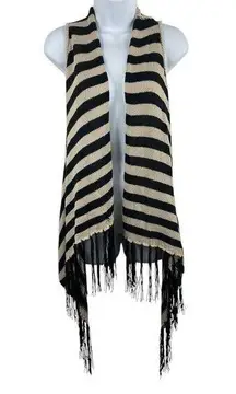 Full Tilt Black And Tan Striped Fringe Waterfall Knit Sweater Open Vest S