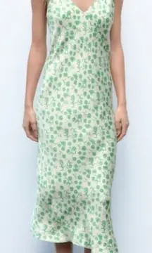 slip dress midi satin spaghetti strap green floral medium